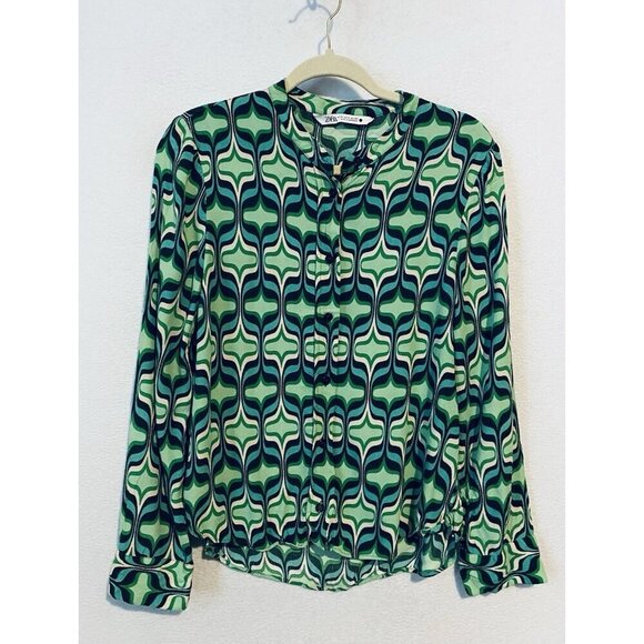 Zara Top Womens Medium Green Artsy Geometric Button Up Crinkle Gauze Boho Retro - Picture 2 of 7